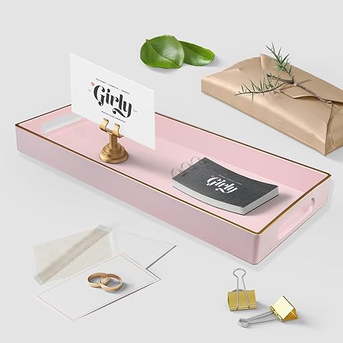 Miniatura 3 de Bandeja de tocador rosa con asas, bandeja decorativa organizadora de almacenamiento de escritorio para baño, sala de estar, 5.9 x 13.7 pulgadas