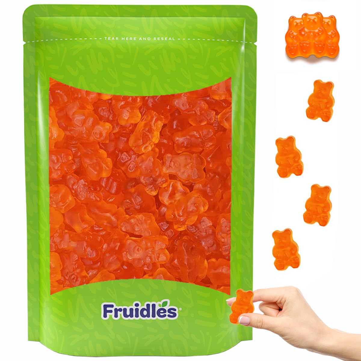 Fruidles Orange Gummi Bears Candy, Fruit Flavors Gummies, Allergy Friendly, Non-GMO, No Artificial Sweeteners (1 Pound Bag)