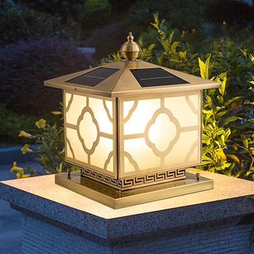 Miniatura 4 de 3 luces de pilar solar de lujo con pantalla de vidrio, metal de cobre, luz solar para exteriores con base E27, iluminación de calle para villa,