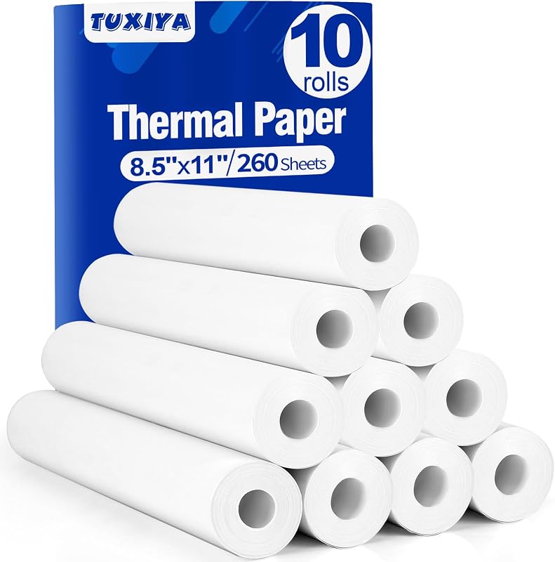 TUXIYA 10 Rolls Thermal Printer Paper 8.5"x11" US Letter Size | BPA free Quick-Dry Thermal Paper,Thermal Printing Paper Rolls Compatible Most Portable Printers(About 260 Sheets)