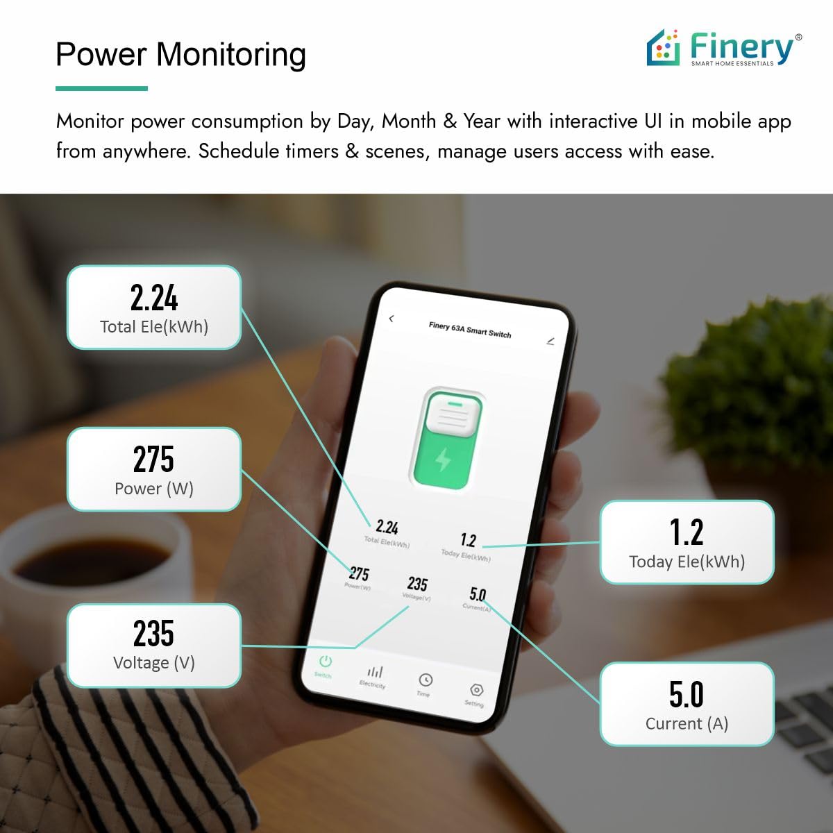 Finery 63A Smart WiFi Switch with Over/Under Voltage Overload Protection Adjutable Threshold and Alarm for AC, Geyser, 1Hp Water Pump (Single Phase), Room Heater Heavy Duty Works with Alexa & GHome 1
