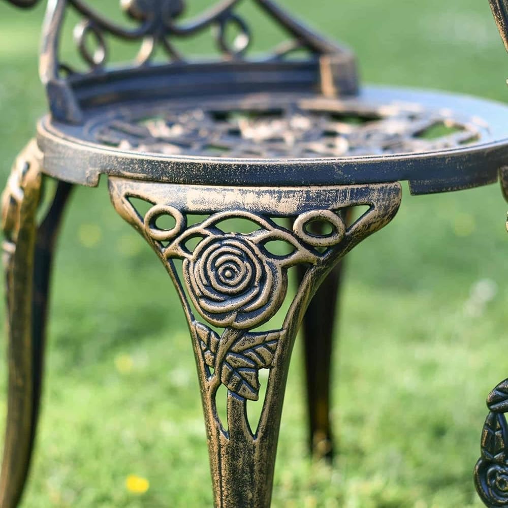 Juego de 3 piezas de bronce cepillado – Muebles de comedor de aluminio fundido de dos plazas para jardín, balcón y uso al aire libre – Elegante y duradero juego de mesa y sillas