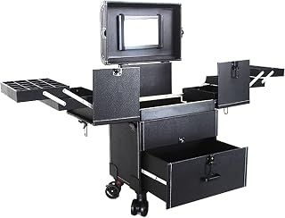 Rolling Makeup Case Travel Train with Wheels Cosmetic Trolley Professional Make Up with Drawers，Large Storage Aluminium for Hair Curler Brush Set and Cosmetics(Noir)