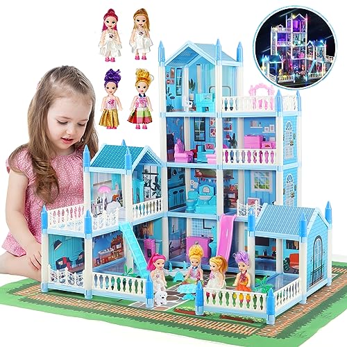 Doll House for 3 4 5 6 7 8 Year Old - 3 Dollhouse Dolls, LED Light, Play Mat Princess Dream House Toys with 3 Doll & Doll Furnitures, DIY Dollhouse with Light Strip