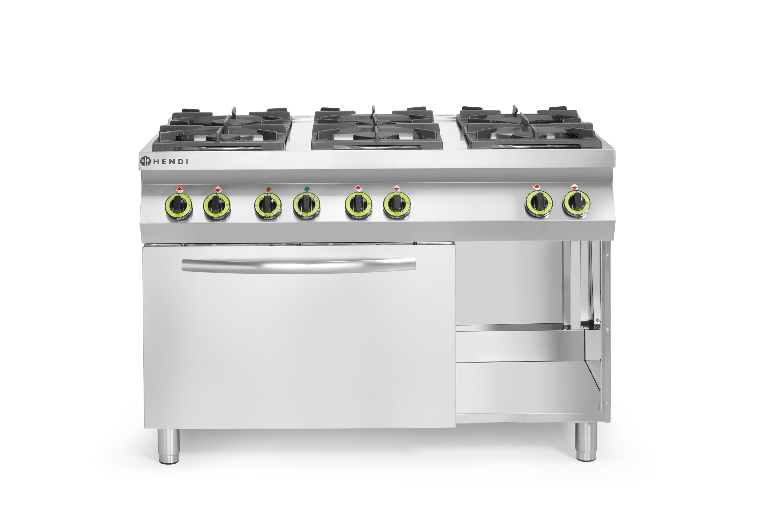 HENDI Fourneau à gaz professionnel avec 6 brûleurs (28,5kW) et four électrique à convection intégré GN 1/1, espace de rangement, pour gaz naturel (kit GPL inclus), 230V/3000W, 1200x700x(H)900mm, inox
