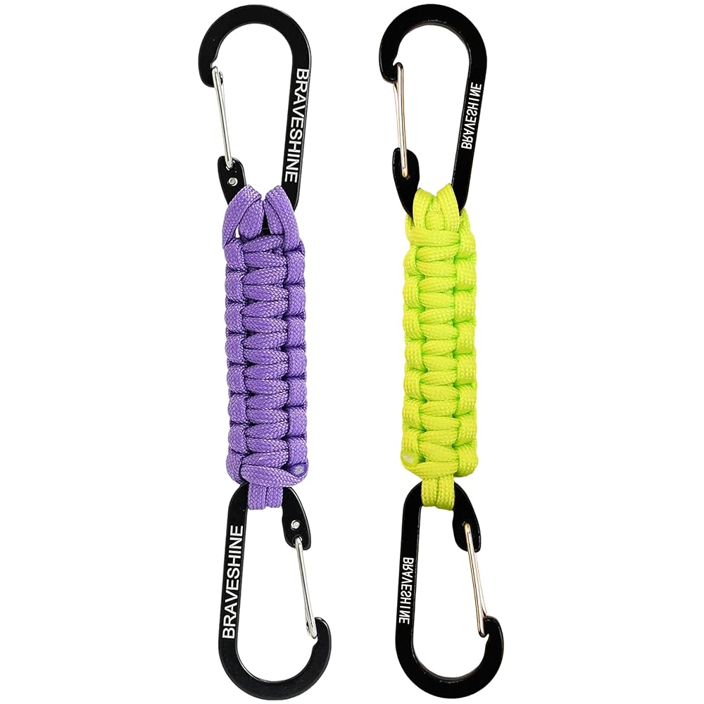 BRAVESHINE Carabiner Keychain Hook with Paracord Strap - 1 Purple 1 Green D Ring Key Clips Para Cord Lanyard Hanger Stroller Hooks for Water Bottle, Belt Loop Keys, Backpacks, Boys, Girls, Men, Women