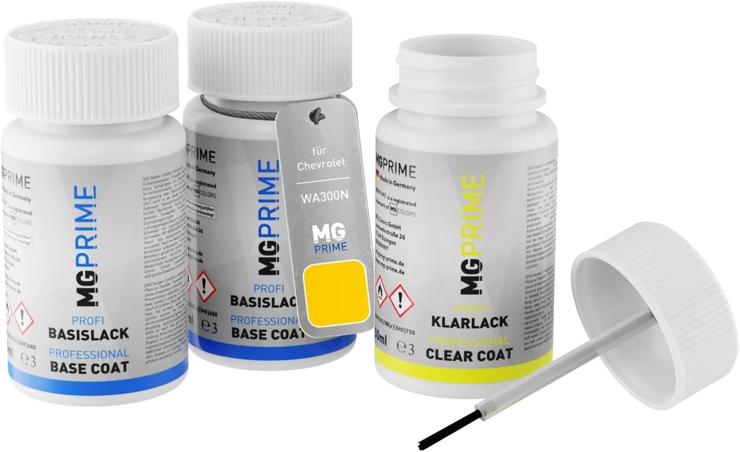 MG PRIME Car paint Touch-up pen set for Chevrolet WA300N / 45 Velocity Yellow Tint undercoat base coat clear coat 50ml each
