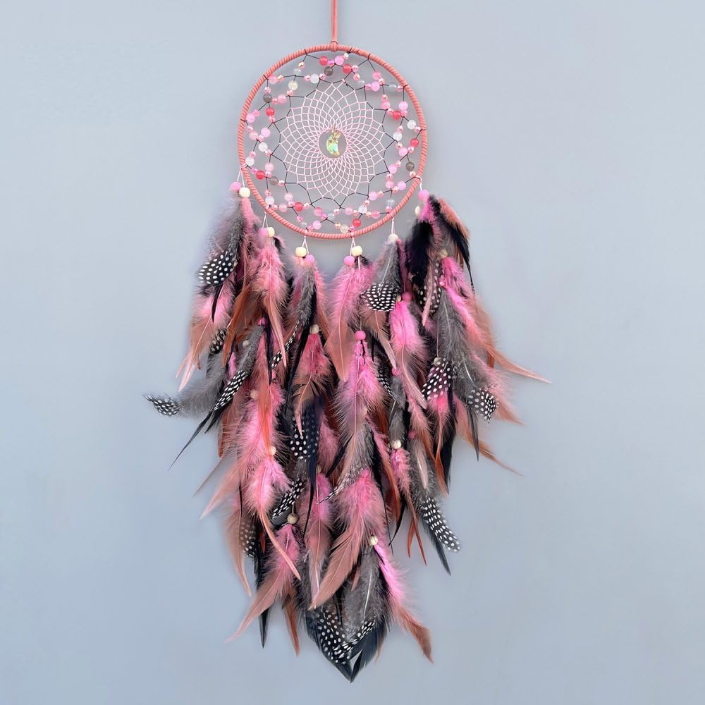 NingPower Feathers Dream Catcher Handmade Woven Wall Hanging Dreamcatcher for Home Decor Bedroom Dormitory Room Wall Decor Art Ornament Craft, Pink