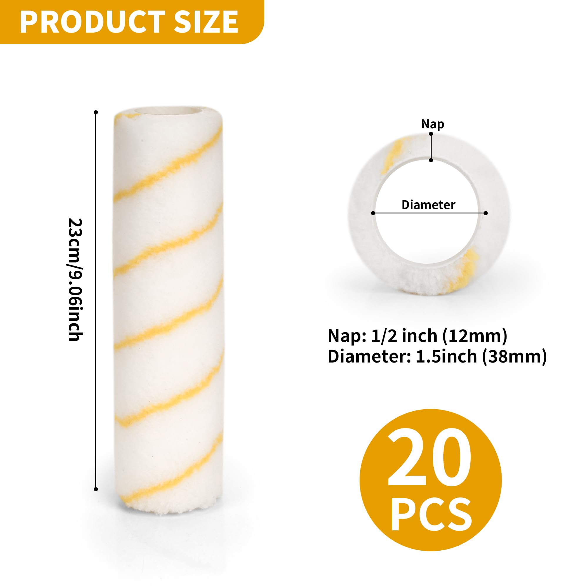 Lot de 20 housses de rouleau de peinture de 22,9 cm, housse en microfibre pour rouleaux de peinture, 1,27 cm, rayures jaunes pour peinture, murs, plafonds