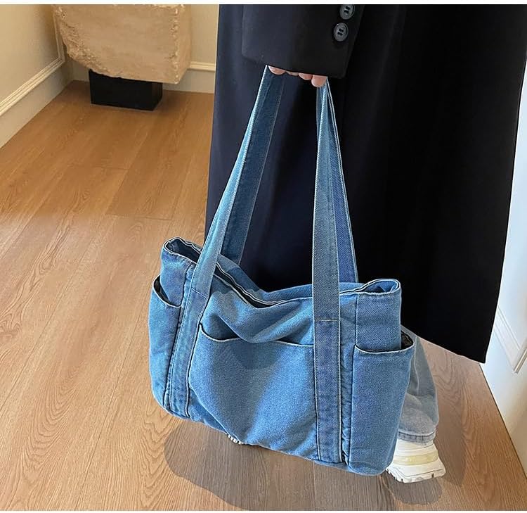 Casual Denim Tote Bag, Multi Pocket purse for Women,Canvas Handbag, Light Blue - Image 3