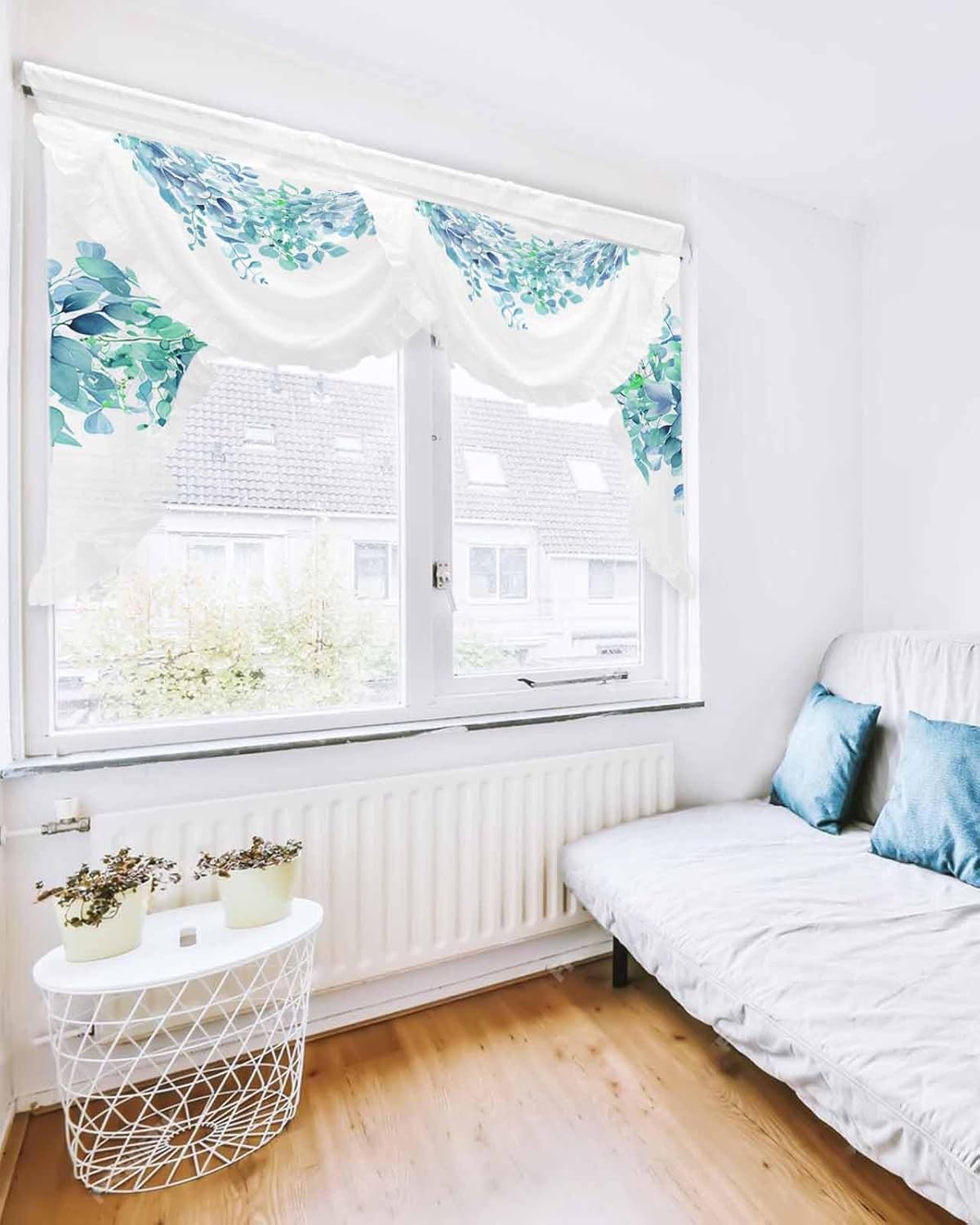 Waterfall Sheer Curtains Valance for Windows, Teal Eucalyptus Leaves Swag Valances for Living Room, Spring Plant Leaf Rod Pocket Voile Ruffle Waterfall Scarf Valance for Bedroom, 59x41.3 Inch