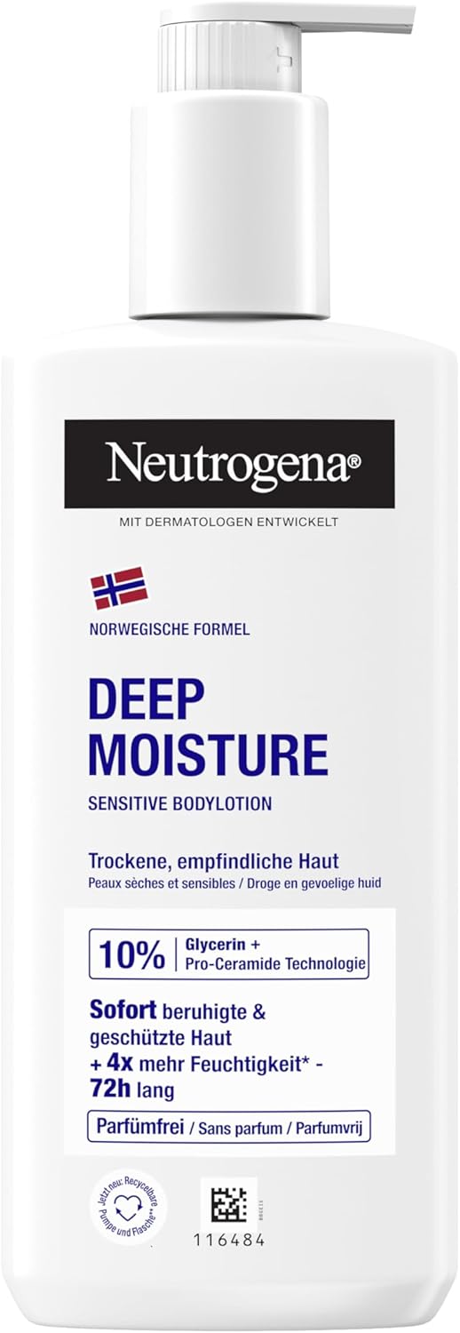 Neutrogena Noorse Formule Deep Moisture Sensitive Bodylotion (250 ml) voor droge, gevoelige huid, voedende bodylotion met 10% glycerine + Pro-Ceramide-technologie