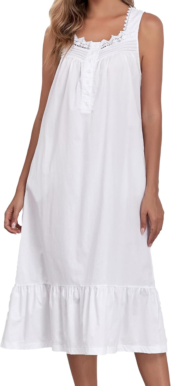 100% Cotton Nightgowns For Women Sleeveless Night Gown Long Sleep Dress With Pockets