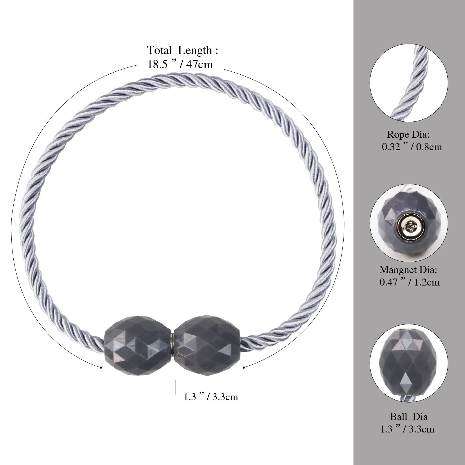 Hangtty 2 Pack Strong Magnetic Curtain Tiebacks Rope Decorative Curtain Tie Backs Magnetic Curtain Holders for Drapes Window Treatment Holdbacks, Grey