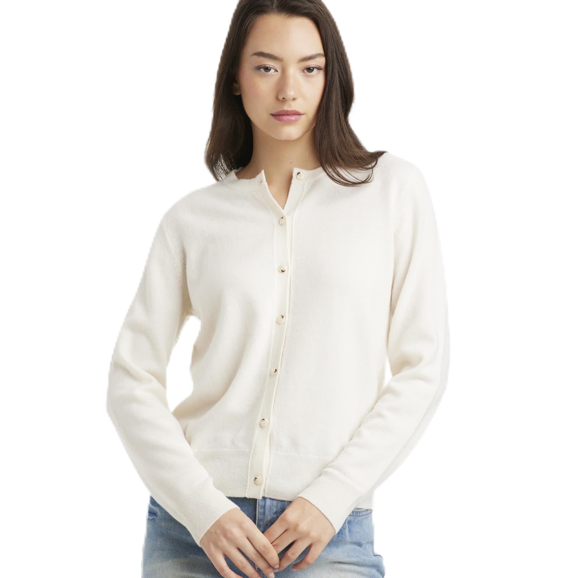Daily Womens Crew Neck Cardigan Essential Line 90 Wool 10 Cashmere Button-Front Sweater Lightweight Classic Knit