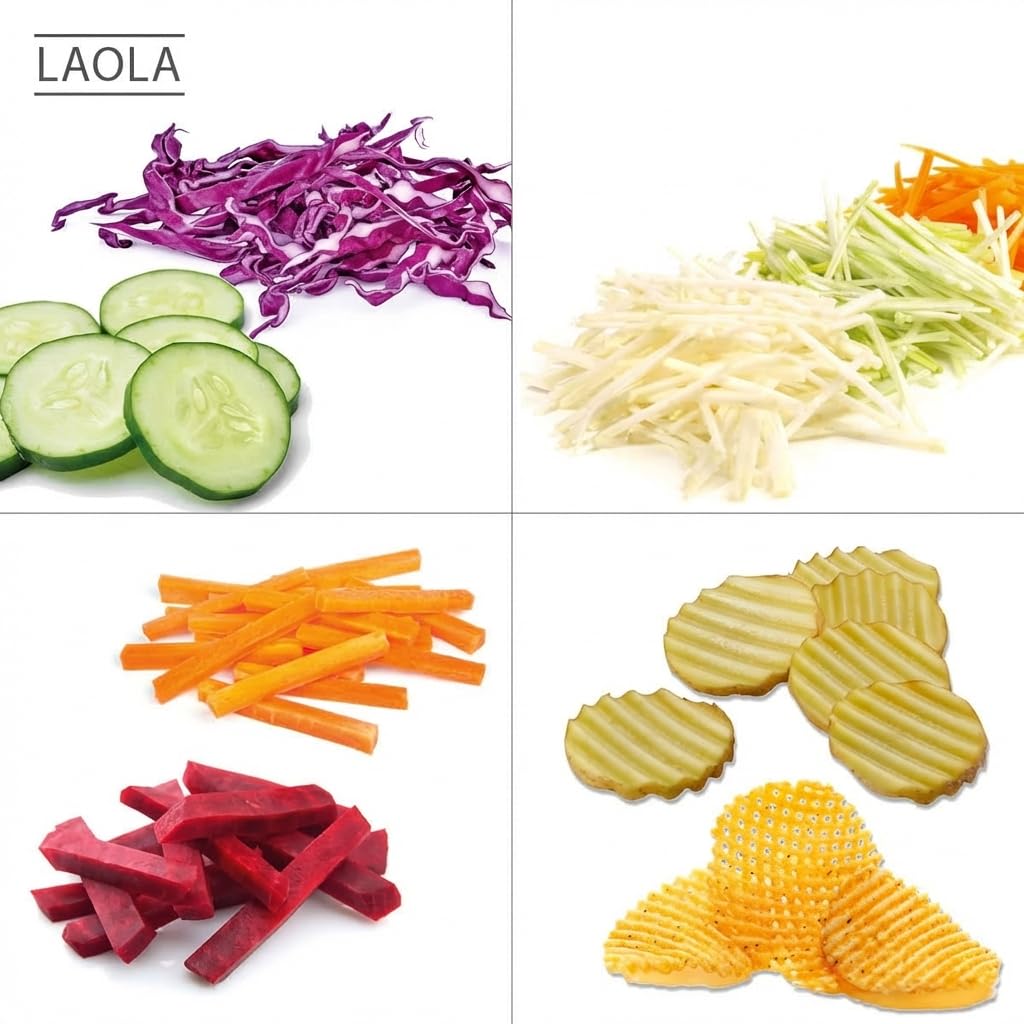 GEFU Cortador de verduras LAOLA | Grosor de corte ajustable 1 – 9 mm | Juliana y corte ondulado | Acero inoxidable, pies antideslizantes, soporte de seguridad, apto para lavavajillas