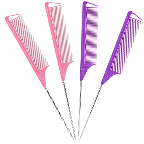 Peine de cola de rata, peine de separación, juego de peines de metal largos de acero para estilistas, peines para cabello para mujeres (4 paquetes,