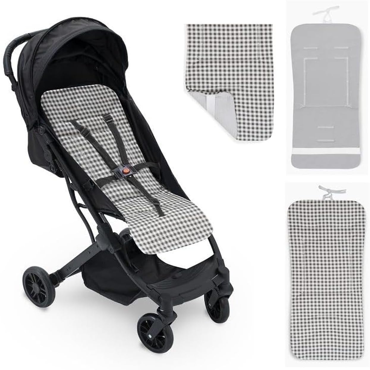 Colchoneta Silla Paseo Universal Verano Funda Carrito Bebe 100% Algodon Transpirable Reversible Apta Silla Inglesina Suave Carro Bebe Altura Ajustable Hombros y Cintura Antideslizable (Vichy Gris)