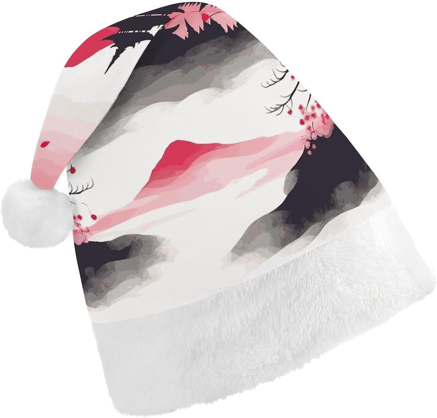 Mount Fuji with Cherry Santa Hat Comfortable Soft Christmas Hat Reusable Christmas Cap for Adults for Xmas And New Year Holiday Party Supplies