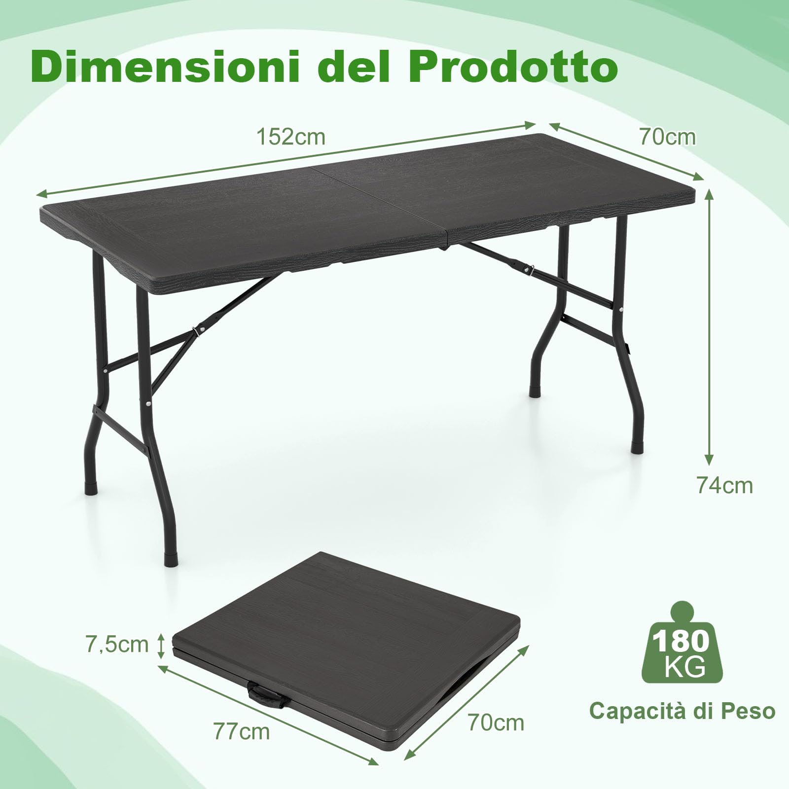 RELAX4LIFE Tavolo da Campeggio Pieghevole, Tavolino Portatile con Effetto Legno in HDPE e Struttura in Metallo, Tavolo da Picnic per Esterni, Escursioni e Barbecue, 152 x 70 x 74 cm, Nero