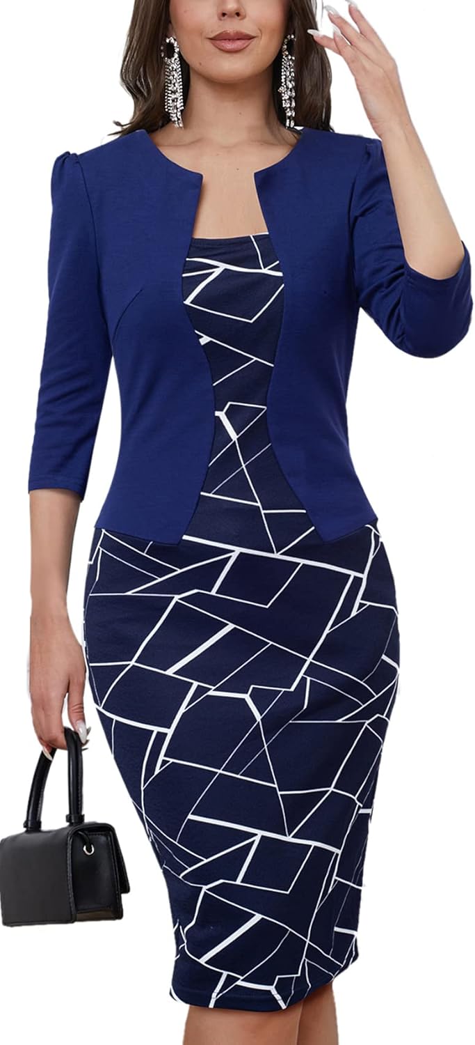 HOMEYEE Women's Vintage Work Style Contrast Color Printed Business Pencil Dress B237