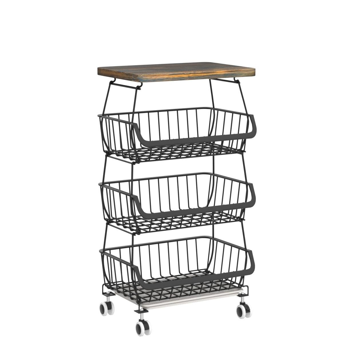 Flesser Storage Baskest Stand with Wood Top 5 Tier Stackable Kitchen Metal Baskets with Wheels Vegetable Fruit Storage Cart for Kitchen Pantry, Bathroom, Garage
