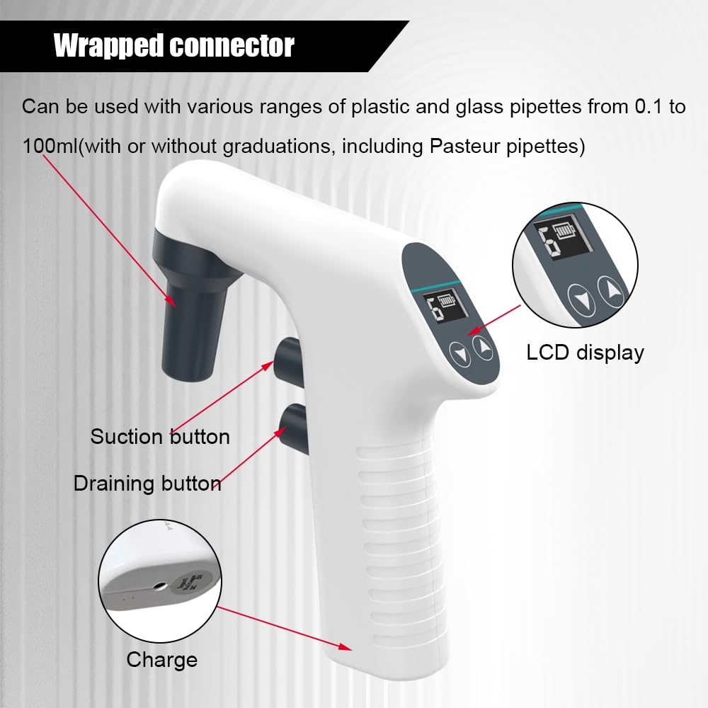 Lab Electric Pipette Controller | Digital Automatic Pipettor with LCD Display & Adjustable Speed | for 0.1-100ml Plastic/Glass Pipettes in Biology, Chemical, Clinical Labs