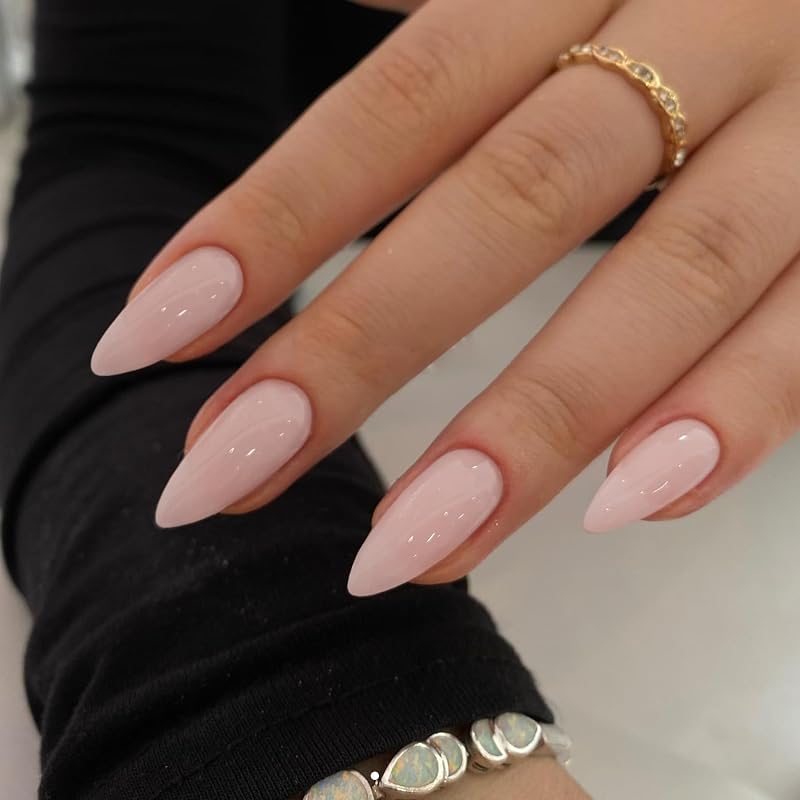 Uñas postizas de gel, color rosa polvoriento, almendra mediana, uñas postizas de gel, pegamento en uñas de longitud media, uñas acrílicas de aguja neutra, uñas postizas reutilizables con revestimiento UV para uso diario y boda, 24 unidades