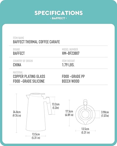Miniatura 5 de Baffect Jarra térmica de café, frasco aislado al vacío de doble pared de plástico mejorado con forro de vidrio chapado en cobre para bebidas