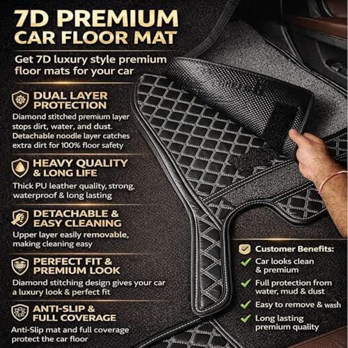 Image of Vahan Expo 7D Car Mat Full Set for Mahindra XUV 7XO 7-Seater (AX3-MT) || Luxury Leather Double-Stich Premium 7D Car Floor Mat Complete Set || 100% Waterproof and Washable || Black