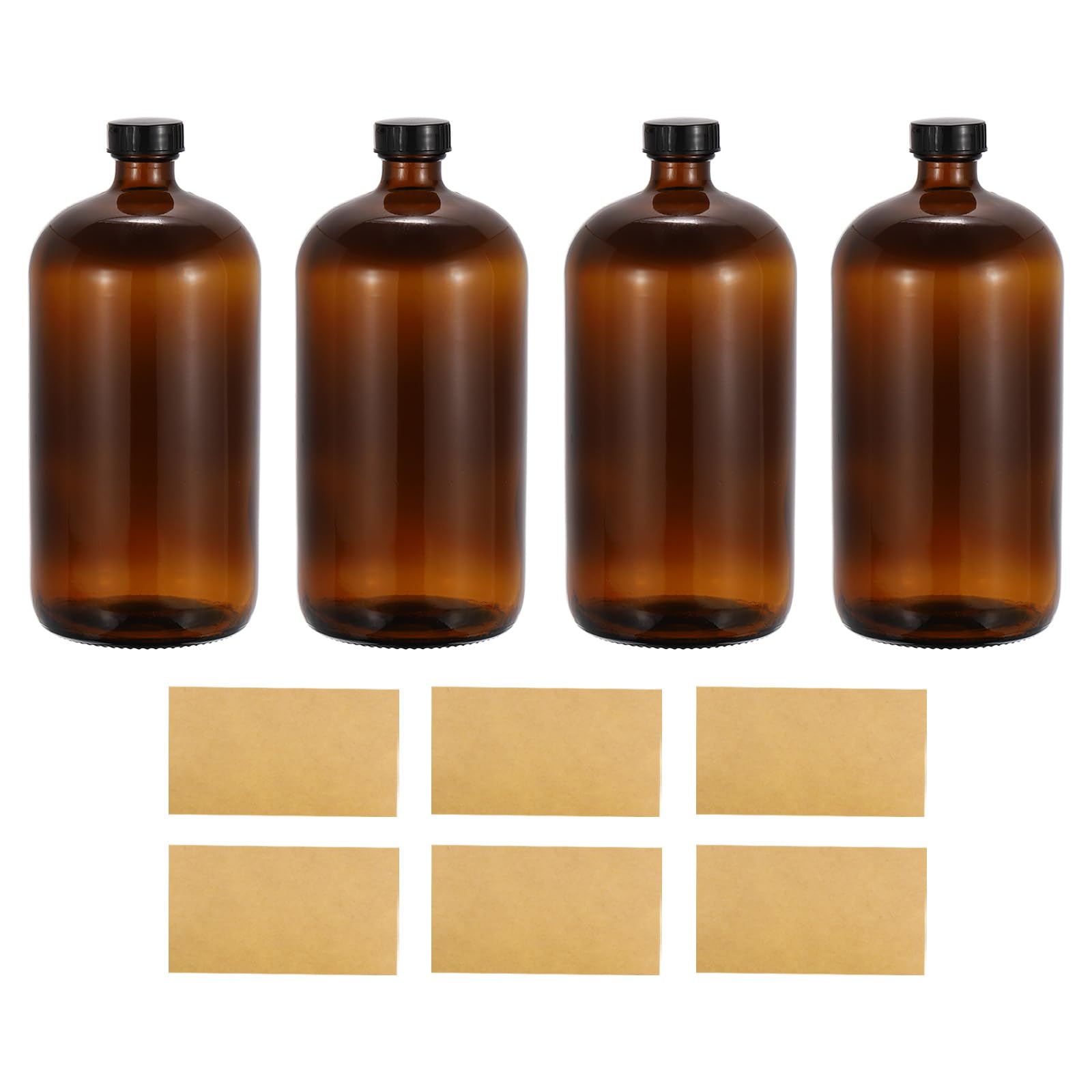 PATIKIL Frascos De Muestras De Vidrio De 33oz/1000ml, 4Pcs Frascos Redondos Con Tapa Negra De Poliéster, 4Pcs Etiquetas Para Líquidos Reactivos, Aceites Esenciales, Perfume, Ámbar.