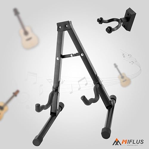 Miniatura 8 de MIFLUS Soporte de guitarra ajustable, portátil con goma antideslizante y espuma acolchada+colgador de pared para guitarra, soporte de pared de