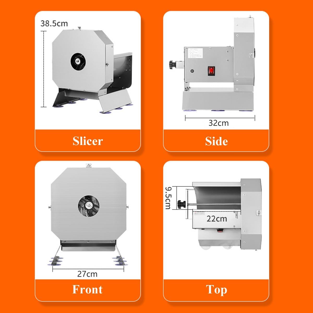 Commercial manual electric integrated fruit and vegetable slicer, adjustable thickness food slicer, stainless steel blade and food tray, potato slices, onions, tomato slicers