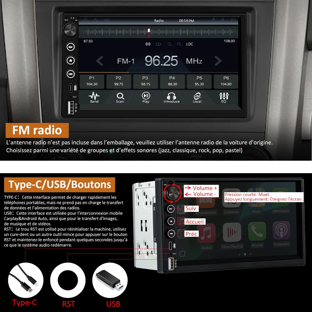 AWESAFE Autoradio 2DIN Bluetooth avec CarPlay & Android Auto, 7 Pouces Écran Tactile HD, Bouton Rotatif, USB/FM/Microphone, Miroir Link, Caméra de Recul Universel Voiture, Commande au Volant