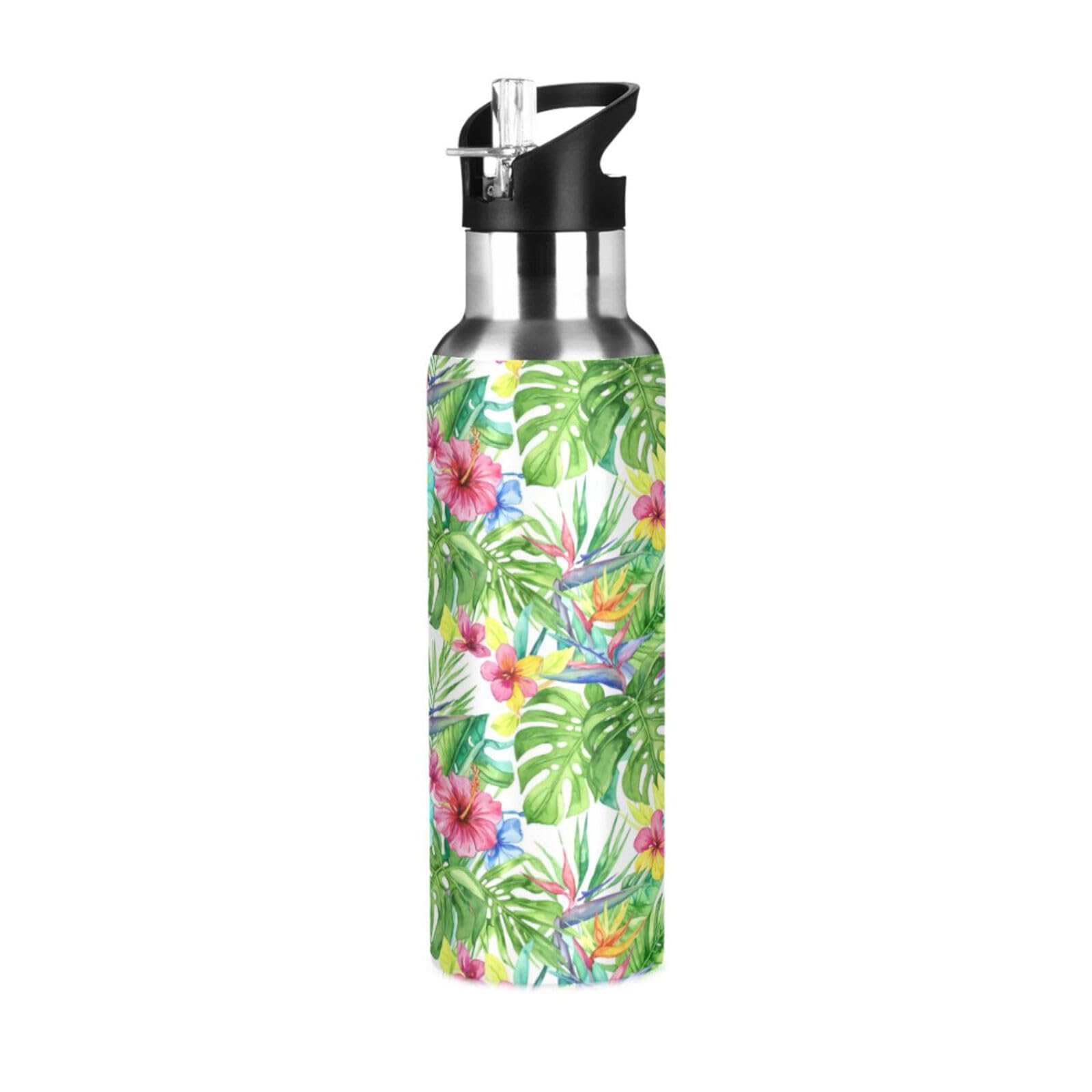 BOESI Watercolor Hibiscus Pattern Insulated Water Bottle 600ml, Stainless Steel Vacuum Sports Bottle with Straw, Leak Proof Thermal Bottle for Gym Travel Outdoor