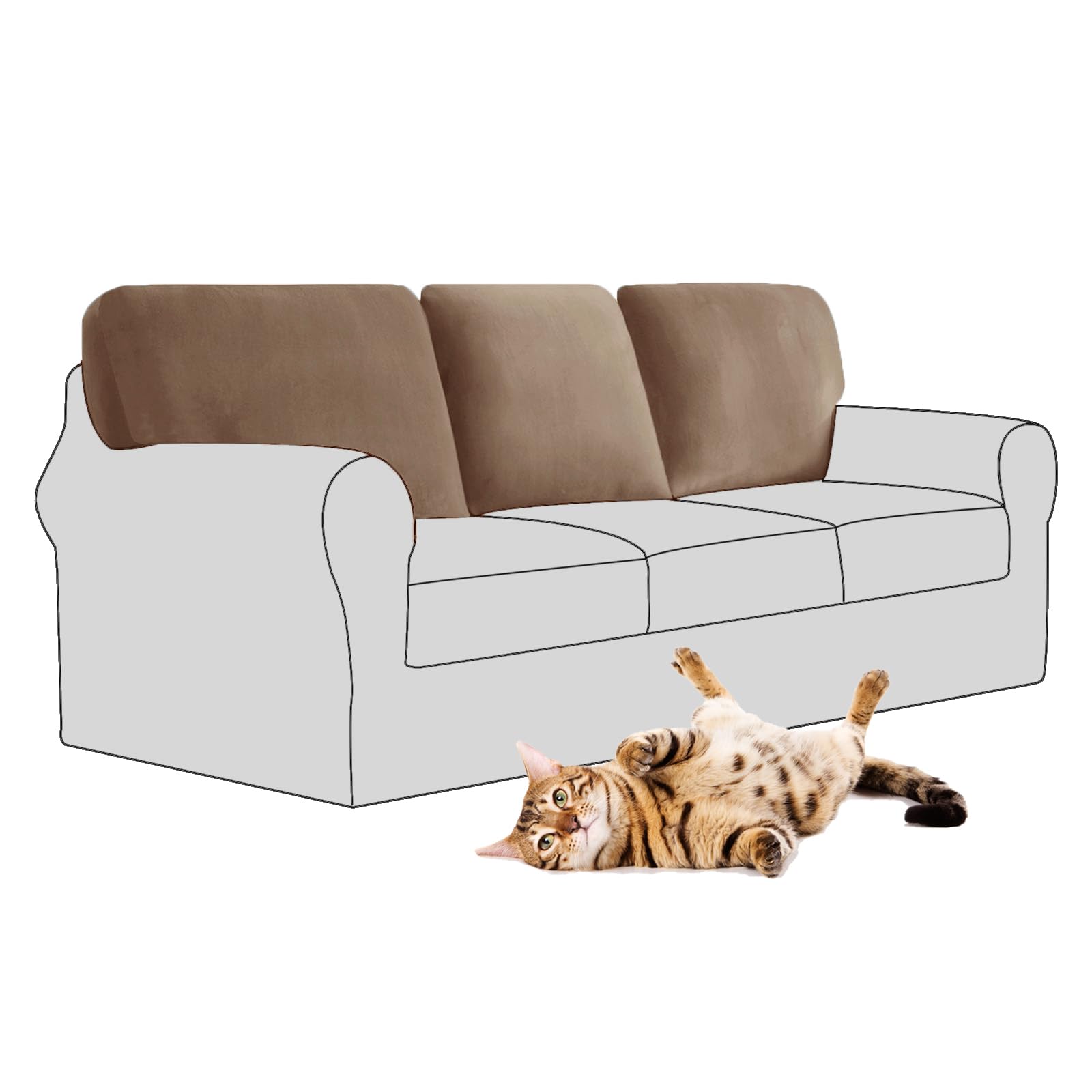 SYLC Stretch Velvet Sofa Backrest Cover, Back Cushion Covers Non-Slip Sofa Cushion Slipcovers for Couch Chesterfield Caravan RV Dinette (Light Brown,3 pcs Square L)