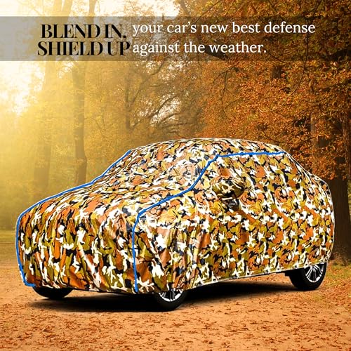 Image of Kerwa Car Body Cover Waterproof Compatible with TATA Indigo ECS | Scratch Proof, Anti-Dust, UV Protection | Windproof Buckle Strap | Fitted Bottom Elastic | Side Mirror Pockets-Jungle