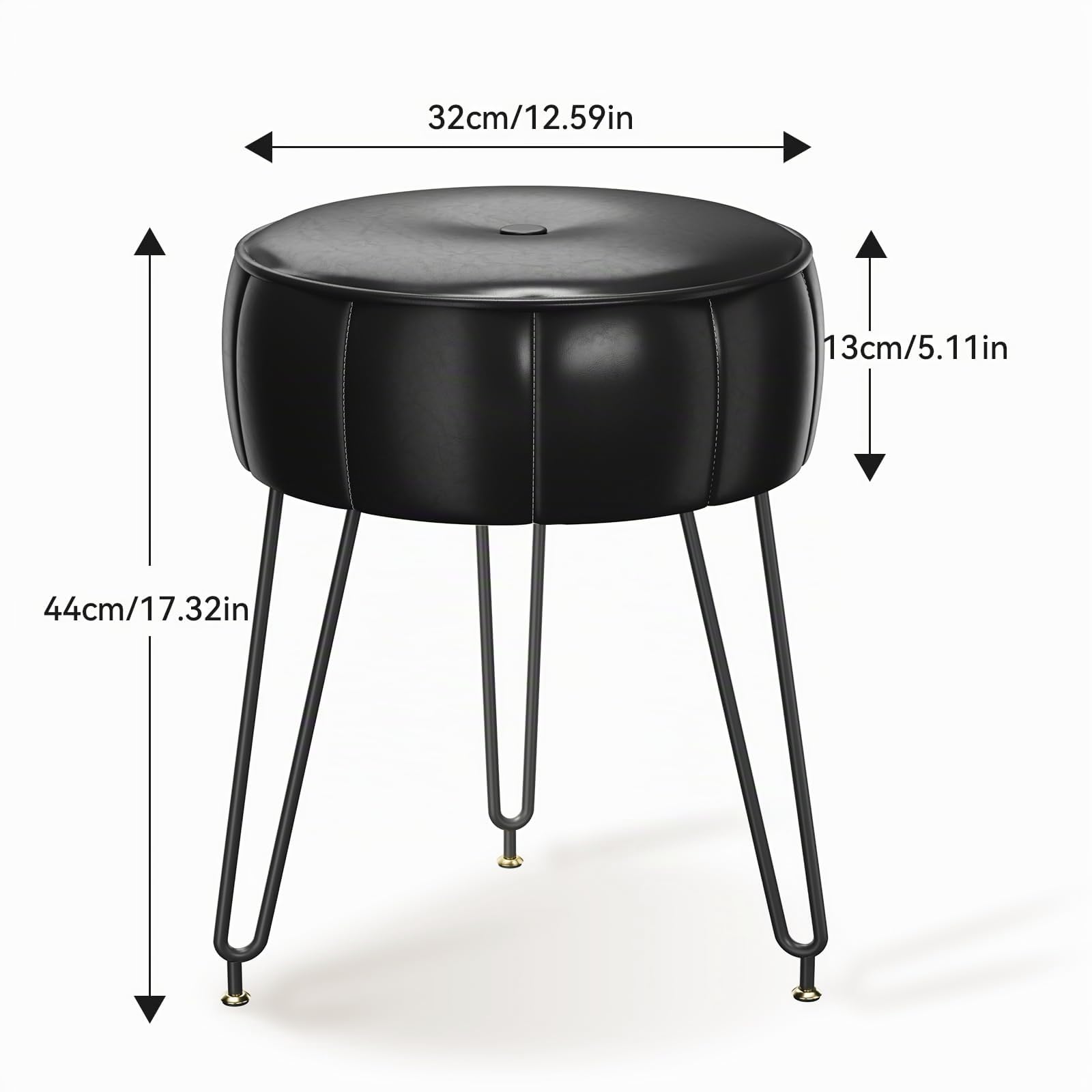 YMYNY Sgabello Rotondo, Stile Ottomano Zucca, Sgabello Cambio Scarpe Con Gambe In Metallo Regolabile 360 ° Superficie In Pelle Cerata Sedia Per Camera Da Letto, Soggiorno 32 x 32 x 44CM Nero HBD036B