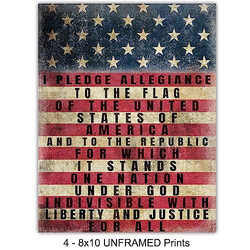 Patriotic Usa American Flag Sign Poster Photo Set - Vintage Farmhouse Shabby Chic Room Wall Art Decoration, Home, Office Decor - Gift For Military Veteran, Vets, Republican Patriots - 8X10 Unframed #TOP2