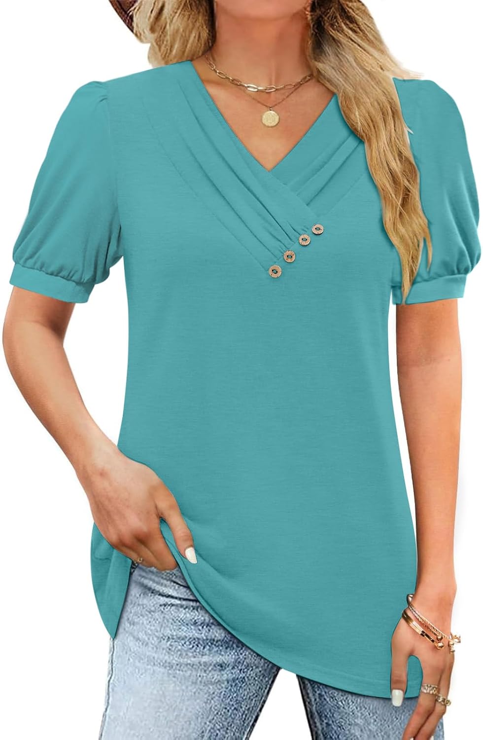 ZANZEA Women Summer Tunic Top Puff Sleeve Short Dressy Casual Blouse Business Office Work Wear T Shirt