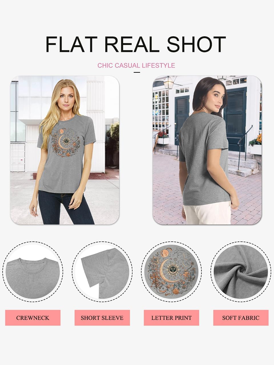 Women Mystical Moon and Sun Flower Shirt Vintage Wildflower T Shirts Boho Graphic Tees Short Sleeve Celestial Moon Tops - Image 5