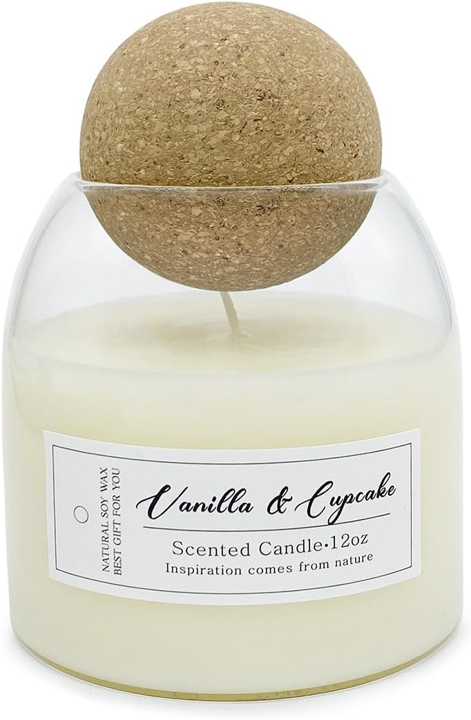 Scented Candle, Vanilla Cakes Aromatherapy Candles with Ball Cork Lid, Smokeless Non-Toxic Glass Jar Candle for Outdoor or Indoor, Home Decor, Patio, Deck
