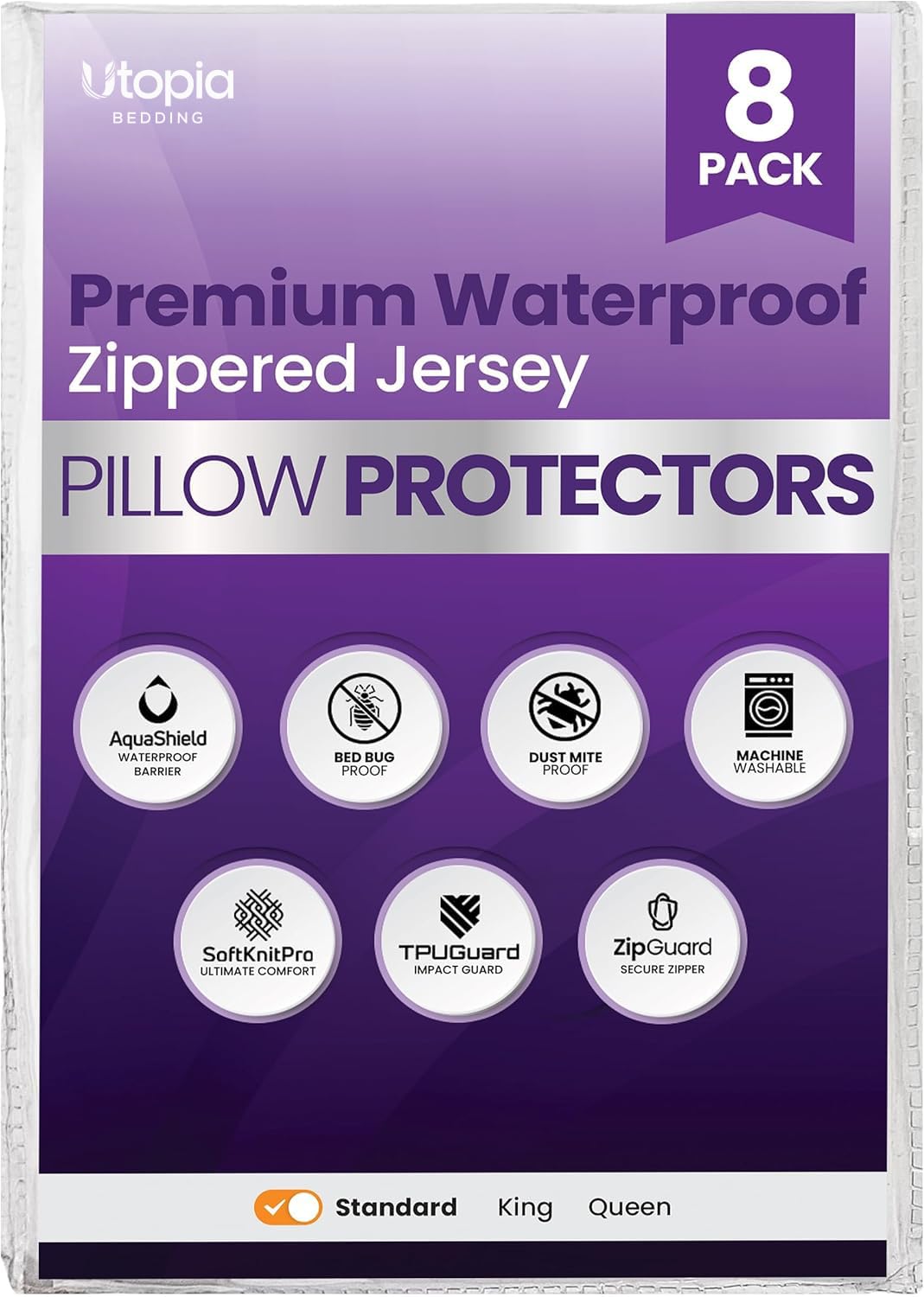 Set of 8 Pillow Protectors with Zipper Standard Size, Pillow Covers