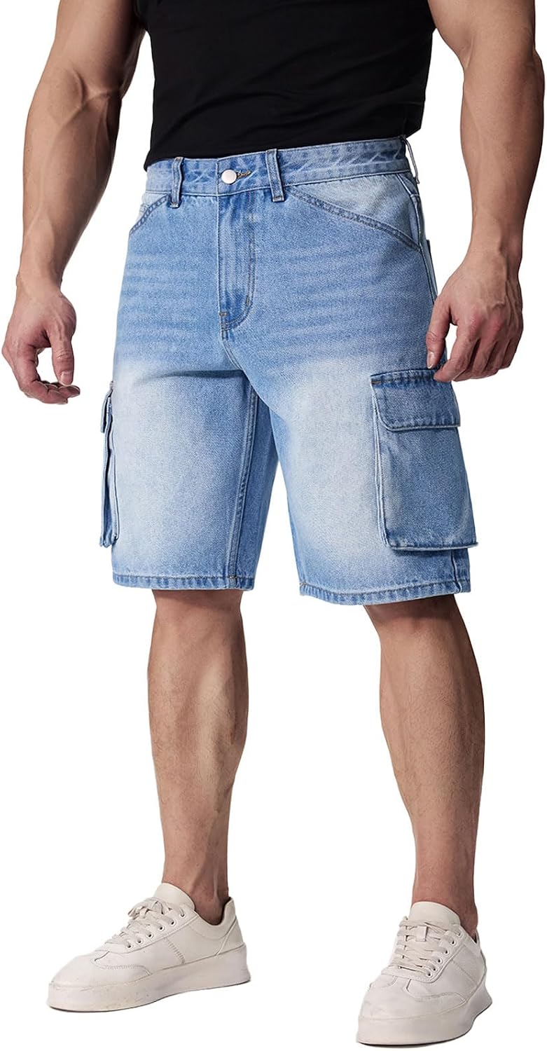 Jean Shorts Men’s Comfort Flex Waistband Jean Short Casual Denim Knee Length Washed Denim Jeans Shorts