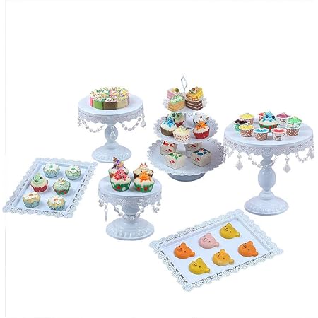 Lot De 6 Presentoirs A Gateaux Vintage En Metal Avec Perles De Cristal 3 Etages Decoration De Fete Et De Mariage Blanc Amazon Fr Cuisine Et Maison