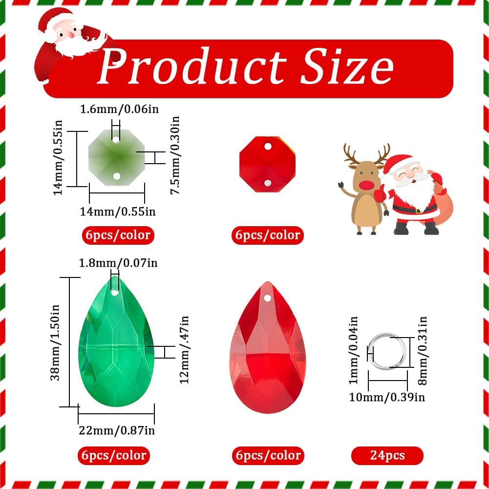 1 Box 12 Pack 38mm Teardrop Crystal Chandelier Prisms Crystal Prism Christmas Ornaments Red Green Glass Suncatcher Prism Pendant Octagon Links Jump Rings for Christmas Wedding Party Decor