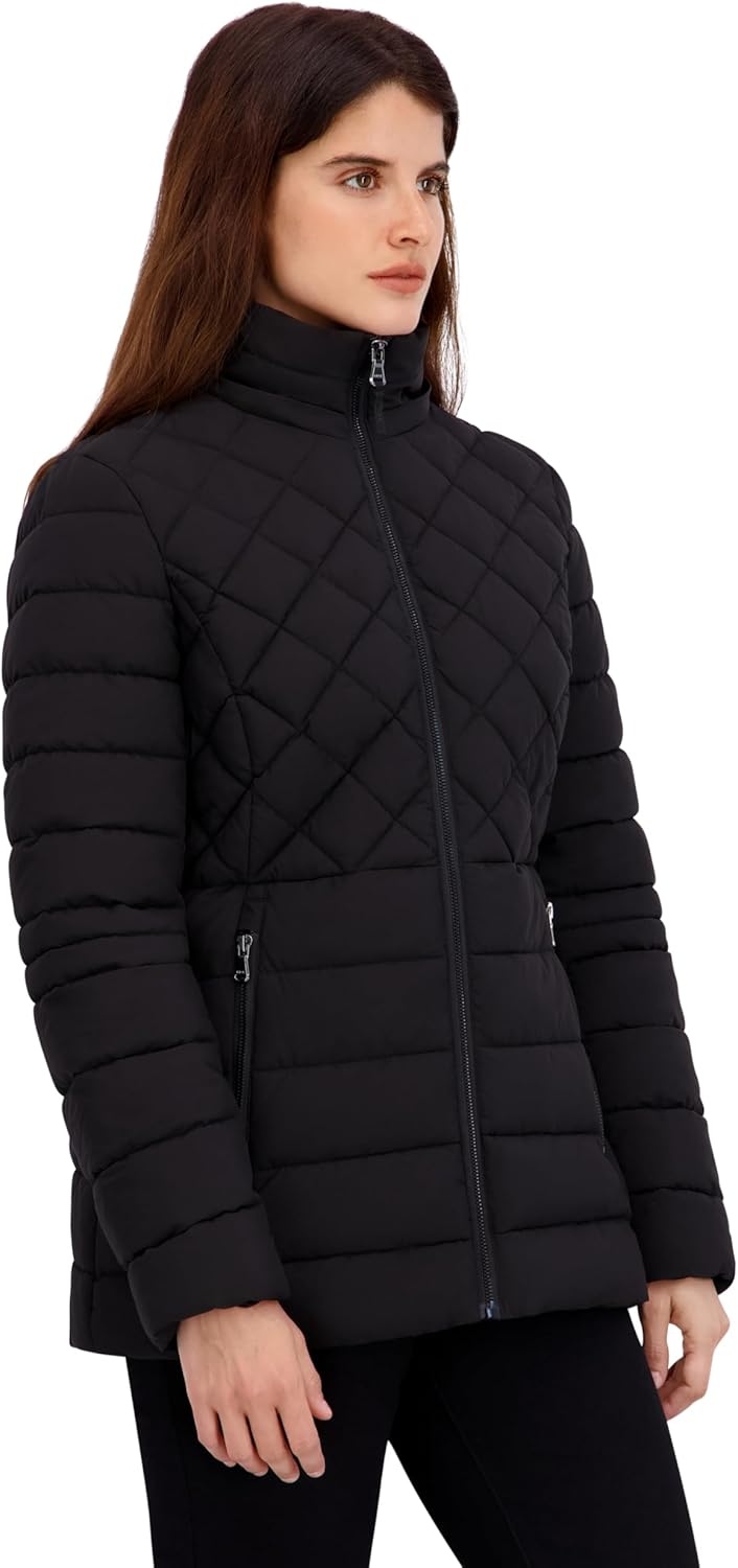 HFX womens Mid-weight Puffer Jacket – Water-resistant, Stretch Fabric Coat, Removable Faux Sherpa Lined Hood - Image 3