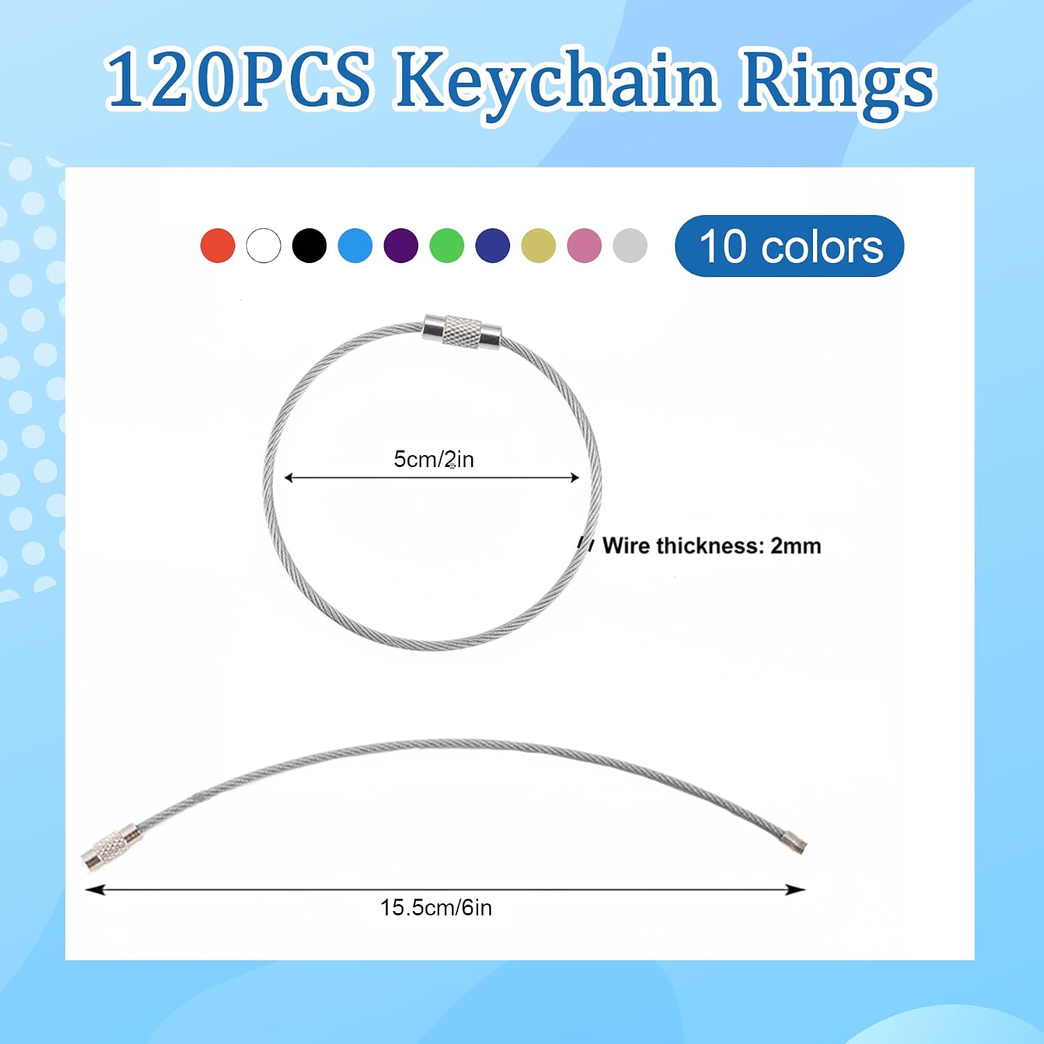 120Pcs Multicolor Stainless Steel Cable Key Ring Bulk, Metal Wire Keychain Cable, Heavy-duty Screw Lock Luggage Tag Loops for Keys ID Tags, and Diy Crafts, 6" L X Dia2mm