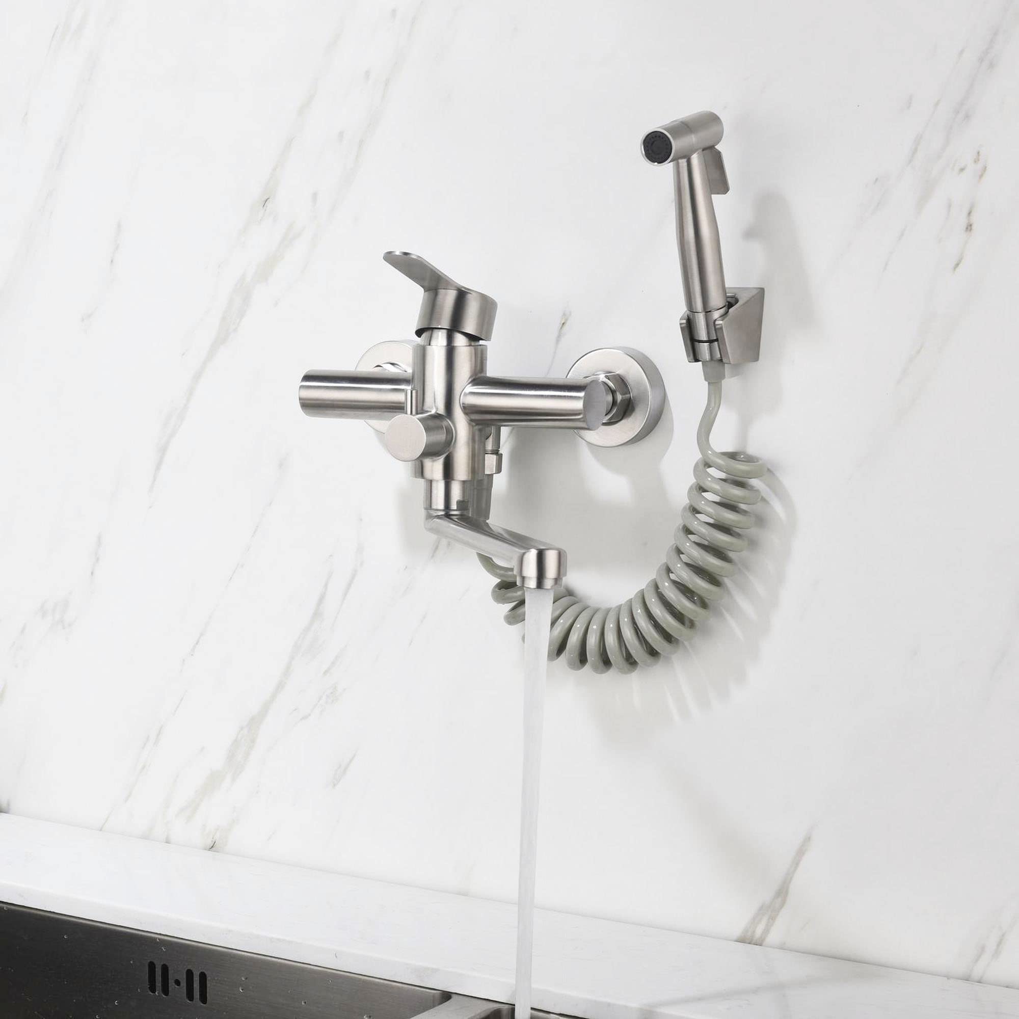 HomeLava Wandarmatur für Küche Wasserhahn Küche Wandmontage mit Spritzpistole und 2 Wasserstrahlarten 360° Drehbar Auslauf kurz 18cm Edelstahl Küchenarmatur Spültischarmatur Armatur