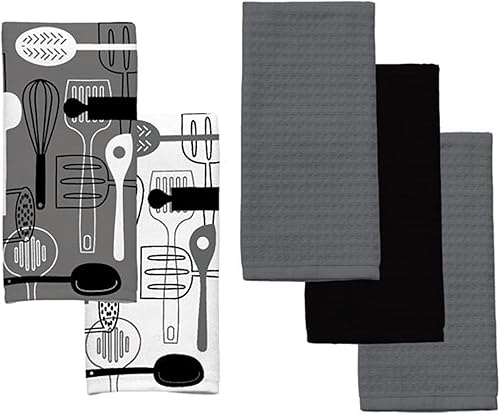 Juego de toallas de cocina 5 paños de cocina de algodón a juego gris, negro, blanco estampado y sólidos con un clip blanco para toallas